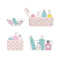 Color cartoon cosmetic bottles in baskets. Bright body cream tube, cleanser, oil, lotion, brush vector illustrations.