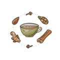 Color cartoon cup with isolated spices. Round doodle template for Masala tea with cinnamon, ginger, cardamom. Hand drawn vector