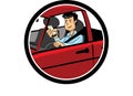 Color cartoon of a man driving and texting