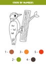 Color cartoon woodpecker by numbers. Worksheet for kids