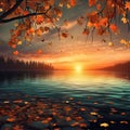 Color changing autumn leaves during sunset in the lake