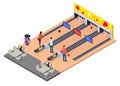 Color Characters People and Bowling Alley Concept 3d Isometric View. Vector