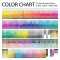 Color Chart. Print Test Page. Color Numbers or Names. RGB, CMYK, Pantone, HEX HTML codes. Vector color palette Royalty Free Stock Photo