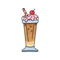 Color chocolate cocktail icon. Glass milkshake with whipped cream, syrup and cherry. Hand drawn cartoon illustration. Isolated