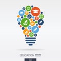 Color circles, flat icons in a bulb shape: education, school, science, knowledge, elearning concepts. Abstract background
