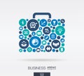 Color circles, flat icons in a case shape: business, marketing research, strategy, mission, analytics concepts. Royalty Free Stock Photo