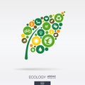 Color circles, flat icons in a leaf shape: ecology, earth, green, recycling, nature, eco car concepts. Abstract background