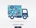 Color circles, flat icons in a truck shape: distribution, delivery, service, shipping, logistic, transport, market concepts.