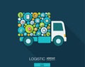 Color circles, flat icons in a truck shape for distribution, delivery, service, shipping, logistic, transport, market