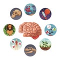 Color circular icons with picture world evolution inside around to brain