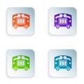 Color Circus wagon icon isolated on white background. Circus trailer, wagon wheel. Set colorful icons in square buttons