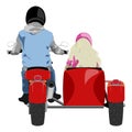 Classic sidecar motorcycle with rider and blond hair girl passenger back view isolated on white vector illustration