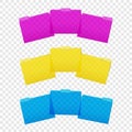 Color clear tabbed plastic file folder set on transparent background realistic vector mockup. Colorful PVC folders with cut tab