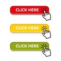 Color Click Here Button Set with Hand Pointer. Vector Royalty Free Stock Photo
