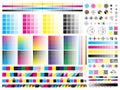 Color cmyk management elements. Offset print registration plates, gradient, cmyk color mixing panel. Printing control Royalty Free Stock Photo