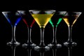 Color cocktails in martini glasses Royalty Free Stock Photo