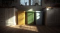 Color-coded kitchen interior with three waste bins arranged by color and illuminated by natural light in a cozy setting Royalty Free Stock Photo