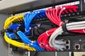 Network cables management in data center for organized connectivity Royalty Free Stock Photo