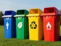 Color-coded recycling and waste bins Royalty Free Stock Photo