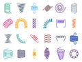 Color coil spirals. Metal coils, flexible wire springs and spiral spring vector icons set Royalty Free Stock Photo
