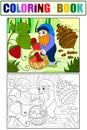 Color and coloring, cartoon, scene. Dwarf in the forest collects strawberries, berries.