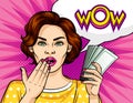 Color in comic style pop art illustration of a girl with a wad of money in her hand