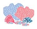 Color composition with corals and seashells. Hand drawn vector cartoon illustration Royalty Free Stock Photo