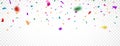 Color confetti background. Bright festive confetti frame. Congratulation banner. Colorful ribbons. Falling shiny paper