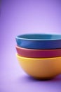 Color, container and group of ceramic bowl, kitchen equipment or plastic plate tower for soup, cereal or breakfast food