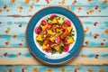 color contrast, beet salad on azure ceramic plate