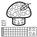 Color, count and graph. Educational children game. Color mushroom and counting shapes. Printable worksheet for kids and toddlers