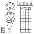 Color, count and graph. Educational children game. Color ice cream and counting shapes. Printable worksheet for kids and toddlers