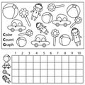 Color, count and graph. Educational children game with toys. Printable worksheet for kids and toddlers