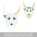 Color Cow Face. Restore dashed lines. Color the picture elements. Page to be color fragments.vector