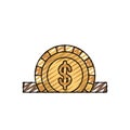 Color crayon silhouette closeup flat coin with dollar symbol depositing in rectangular slot