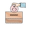 Color crayon silhouette front view hand with flat pink happy face depositing in a carton box