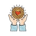 Color crayon silhouette front view of hands holding in palms a coin with heart shape inside charity symbol