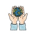 Color crayon silhouette front view of hands holding in palms a earth globe world charity symbol