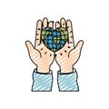 Color crayon silhouette front view of hands holding in palms a earth globe world in heart shape