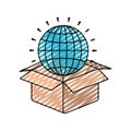 Color crayon silhouette globe earth world chart coming out of cardboard box Royalty Free Stock Photo