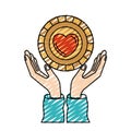 Color crayon silhouette hands with floating coin with heart shape inside charity symbol