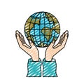 Color crayon silhouette hands with floating earth globe world charity symbol