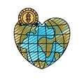 Color crayon silhouette silhouette money box in globe earth world in heart shape with coin with dollar symbol