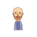 Color crayon stripe caricature side view bald man bearded with t-shirt