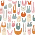 Color cute muzzles of cats, mice, rabbits. Seamless pattern with little animals. Cute baby pattern with fluffies. Vector Royalty Free Stock Photo