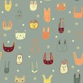 Color cute muzzles of cats, mice, rabbits. Seamless pattern with little animals. Cute baby pattern with fluffies. Vector Royalty Free Stock Photo