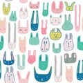 Color cute muzzles of cats, mice, rabbits. Seamless pattern with little animals. Cute baby pattern with fluffies. Vector Royalty Free Stock Photo