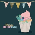 Color dark green background with decorative flags to party and sweet cupcake and text happy birthday