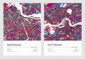 Color detailed road map, urban street plan city Amsterdam and Rotterdam with colorful neighborhoods and districts, Travel vector