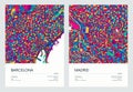 Color detailed road map, urban street plan city Barcelona and Madrid with colorful neighborhoods and districts, Travel vector